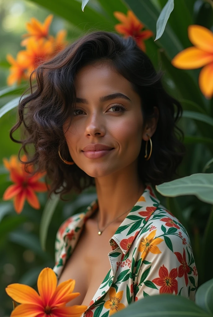 A Brazilian woman in a lush tropical garden, wearing an open shirt with a floral print, with a close-up capturing the harmonious beauty between her breasts and the natural flowers, showing off your natural charm and outgoing personality.