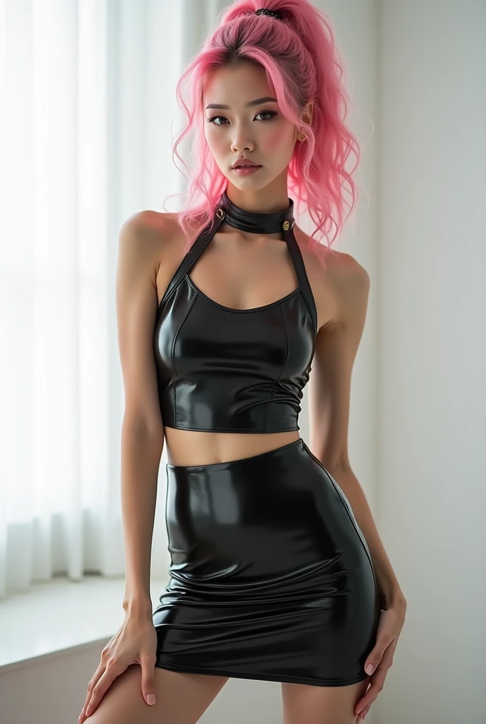 Imagine a woman who embodies the perfect fusion of Polish and Latina allure. With her long blonde pink hair flowing like liquid black and her eyes, large and bewitching, she captures attention effortlessly. Dressed in gym dress perfect body, she exudes confidence, her playful demeanor evident as she sticks out her tongue with a mischievous grin. Her lips, painted a bold shade of purple, add to her allure, drawing you in with their tantalizing appeal. She possesses an undeniable magnetism, a goddess-like presence that commands the room. Yet, beneath her flawless exterior lies a spirit of adventure, especially evident as she embarks on urban explorations, her eyes twinkling with excitement at the unknown.
