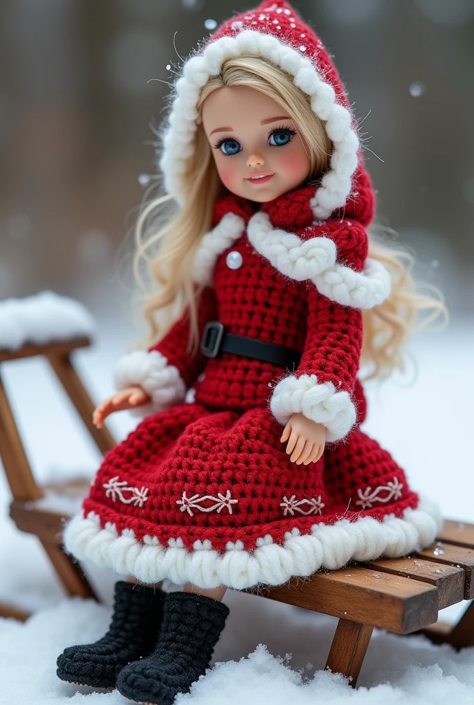 A beautiful Barbie doll wearing a mother Claus outfit crocheted with cotton thread, She wears black boots and is on the side of a sled
Full body