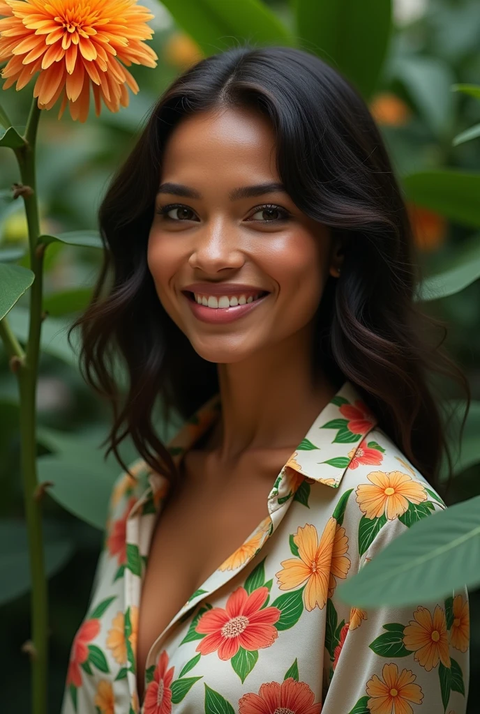 A Brazilian woman in a lush tropical garden, wearing an open shirt with a floral print, with a close-up capturing the harmonious beauty between her breasts and the natural flowers, showing off your natural charm and outgoing personality.