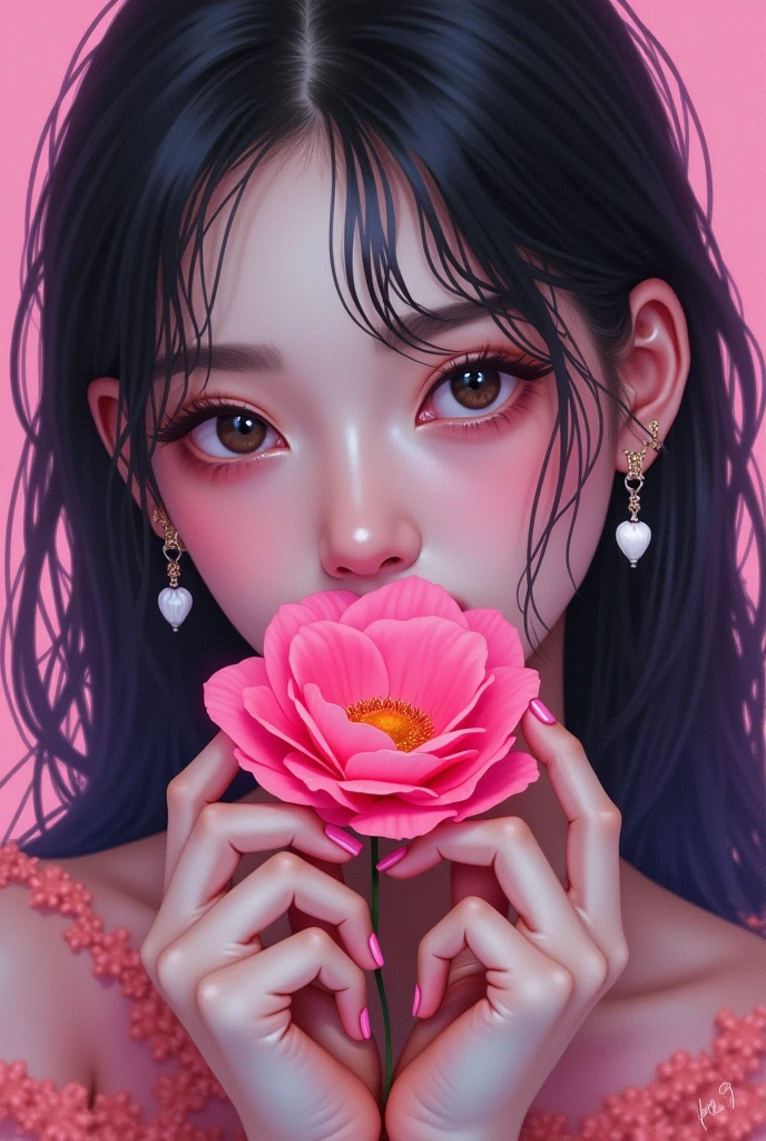 there is a woman holding a rose in her hand, holding a rose, holding a flower, belle delphine, holding a rose in a hand, with flowers, holding flowers, asthetic, sui ishida with black hair, portrait of jossi of blackpink, her face looks like an orchid, girl with a flower face, by Ayami Kojima, blackpink Lisa, blackpink, Lalisa Manoban