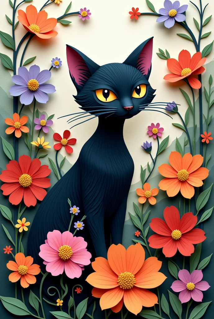 a black cat and vivid colored flowers, in papercut art and quiling form, on a muted tone background