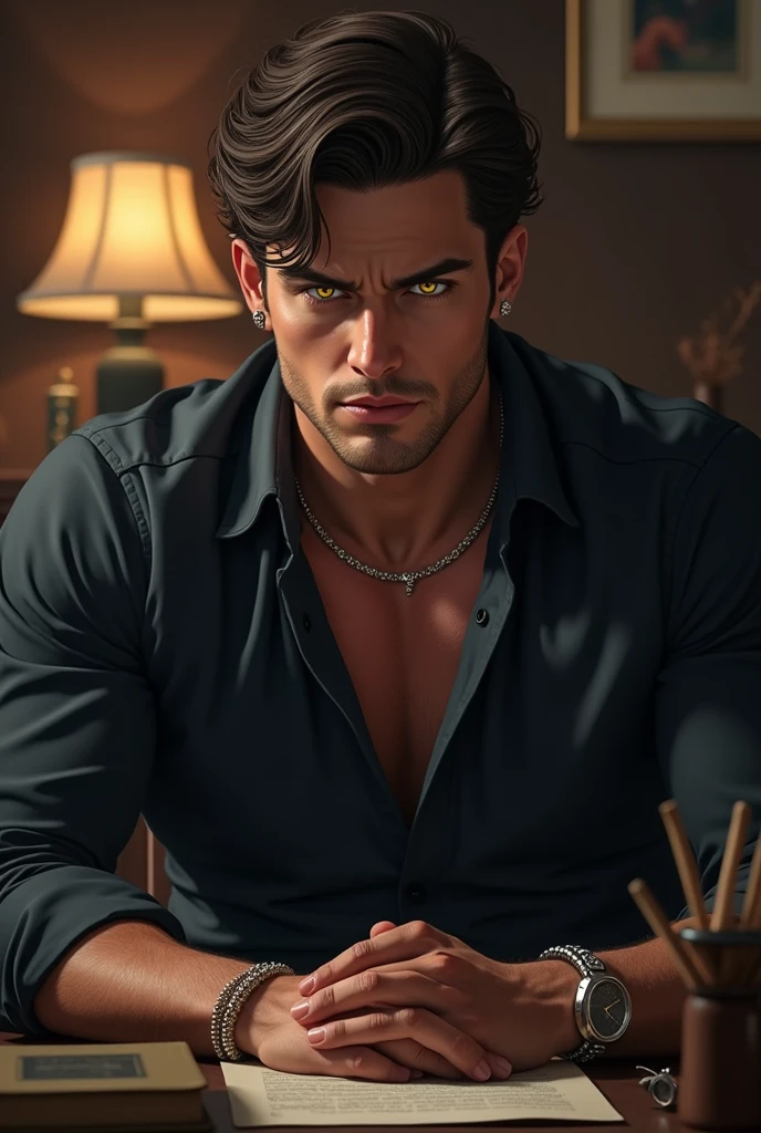 Close-up Quality (masterpiece1.2), (Best quality), (Intricate details)Male, 6'5, white, built, has big veiny hands. Tattoos that cover his neck, chest, arms, and back. has well-trimmed facial hair, tan from the sun, groomed body hair on his arms, and chest leading to a happy trail, Black hair that is short at the sides, longer at the top, Well-kept, Handsome, thin lips, sharp, defined, square jaw. Dimples, slightly crooked nose. Green eyes with hints of gold in the center. long eyelashes. Wearing blue jeans, black button up, dog tags, black leather riding boots