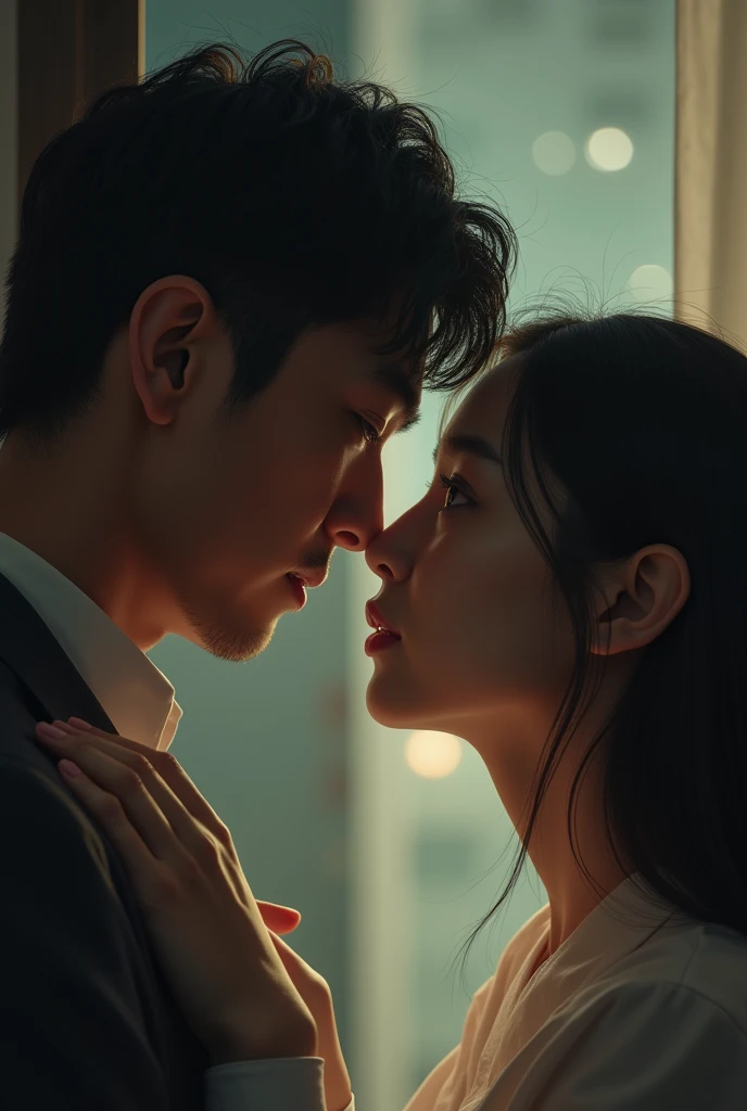 a man leans his head into a beautiful Korean girl's ear and whispers something, realistic lighting, cinema style, daylight, in an elevator, cold lighting,