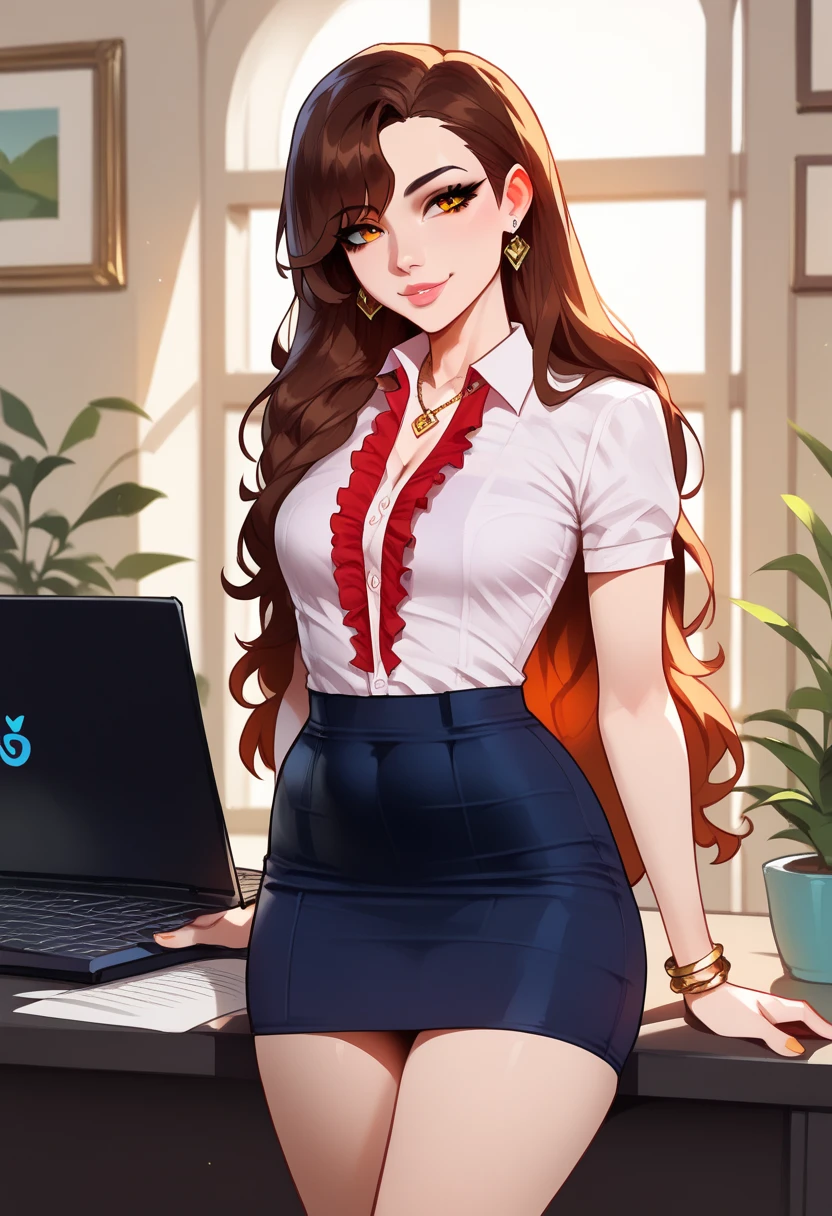 1 girl, alone, brown hair, orange eyes , thick lips, long hair, collared shirt, short sleeves, frills on shirt, Holding a closed laptop , buckle, hourglass figure, Willow Yao, indoors, faint smile, permanent, split, pencil skirt, Detailed face and eyes, Raise your legs high, asymmetrical bangs, earrings, Actual, Drow, head tilt, Lovely, Lovely pose, jewelry, bracelet, necklace, center, female office worker, open shot, Detailed background, medium,