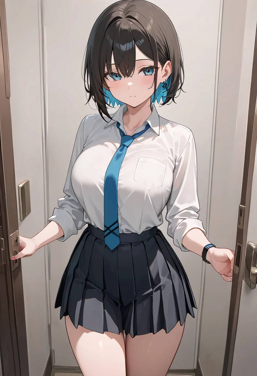 Masterpiece, Top Quality, High Resolution, Masterpiece, Adult Woman, Single, Light Blue Best Sweater, Pleated Mini Skirt, Black Miniskirt, Short Hair, Evil Smile, Black Hair, Bad Smile, Evil Plan, School Uniform, Uniform, Blue Eyes, Jail, Jail