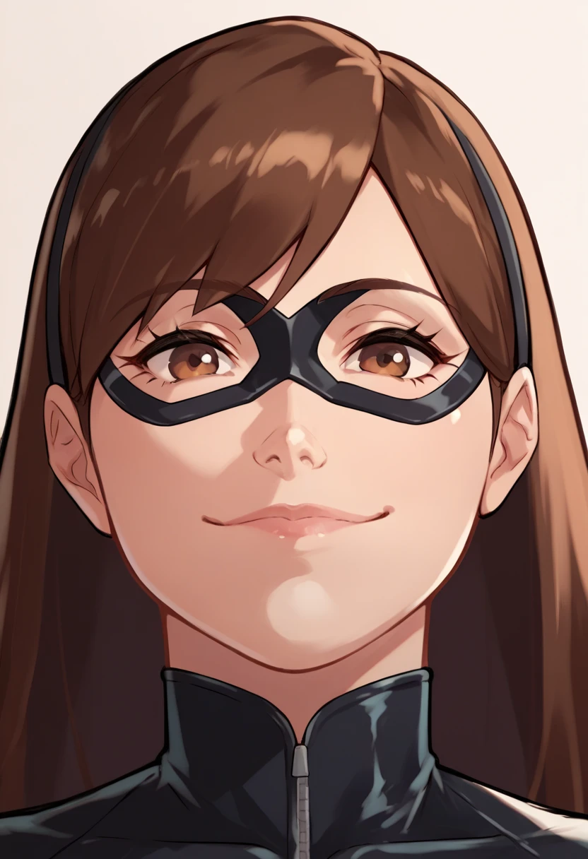 score_9, score_8_up, score_7_up, score_6_up, score_5_up, score_4_up, BREAK, source_anime, 1girl, portrait of helenparr, brown hair, brown eyes, domino mask, bodysuit, upper body, smile, looking at viewer  