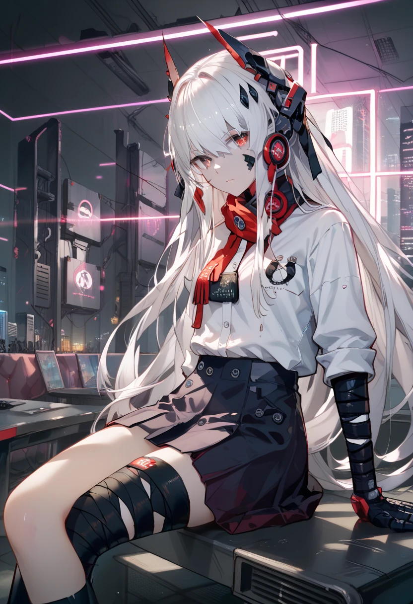 zPDXL2, score_9_up, score_8_up, score_7_up, (Anime_source), 1girl, CrimsonAbyss, Heterochromia, red eye, grey eye, white hair, school shirt, white shirt, headgear, bandaged leg, sitting, black simple pants, no skirt, clean design, cyber aesthetic room, futuristic background, neon lighting, soft light, focused details