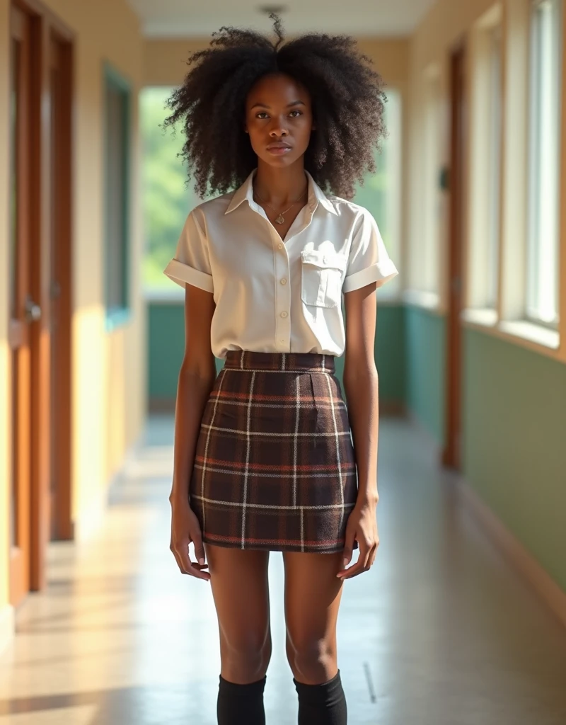 1girl, Solo, cute girl african around 20 years old, black long curly hair,black eyes, long elegant white shirt, plaid skirt, black tights, white shoes, standing pose, park photography, whole body, RAW Photography, 8k, , Masterpiece, Full Body Shooting, Top Quality, Fine Pore, Realistic, Photorealistic, Ultra Detailed