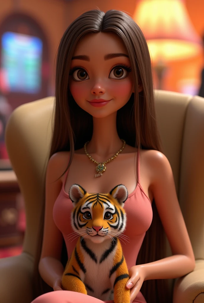 create a Disney Pixar style 3D animation. The setting is Feira de Santana-ba. The character is a woman with long straight black hair, sitting on the sofa wearing pink clothes, brown eyes, She has a stiletto, with an iPhone 13 and one with a tiger on the side