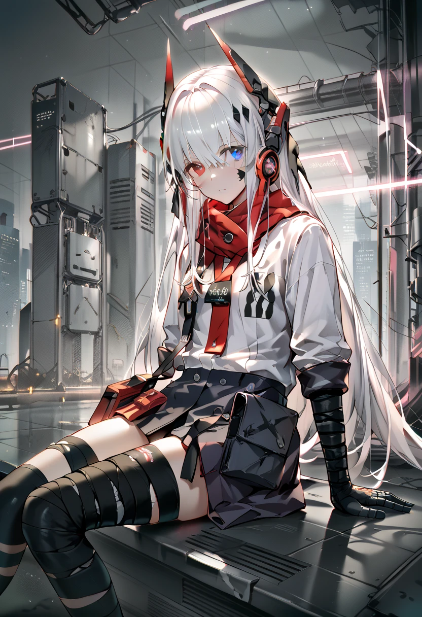 zPDXL2, score_9_up, score_8_up, score_7_up, (Anime_source), 1girl, CrimsonAbyss, Heterochromia, red eye, grey eye, white hair, school shirt, white shirt, headgear, bandaged leg, sitting, black simple pants, no skirt, clean design, cyber aesthetic room, futuristic background, neon lighting, soft light, focused details