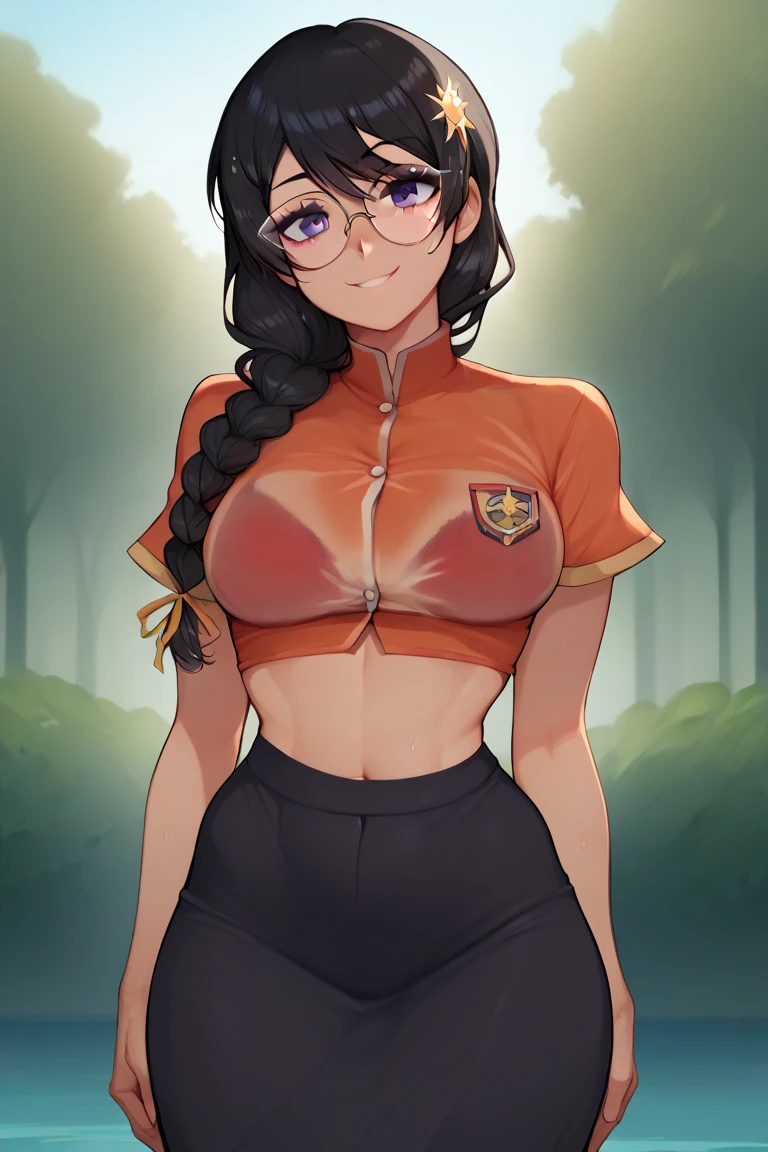 (1girl), (black hair:1.1), (braid:1.1), (glasses), (purple eyes), (smile), (breast), (Intricate Iris Details), (stomach), (outdoor), (looking at viewer), (visible through clothes), (Wet clothes), (red bra), (indonesian highschool uniform)