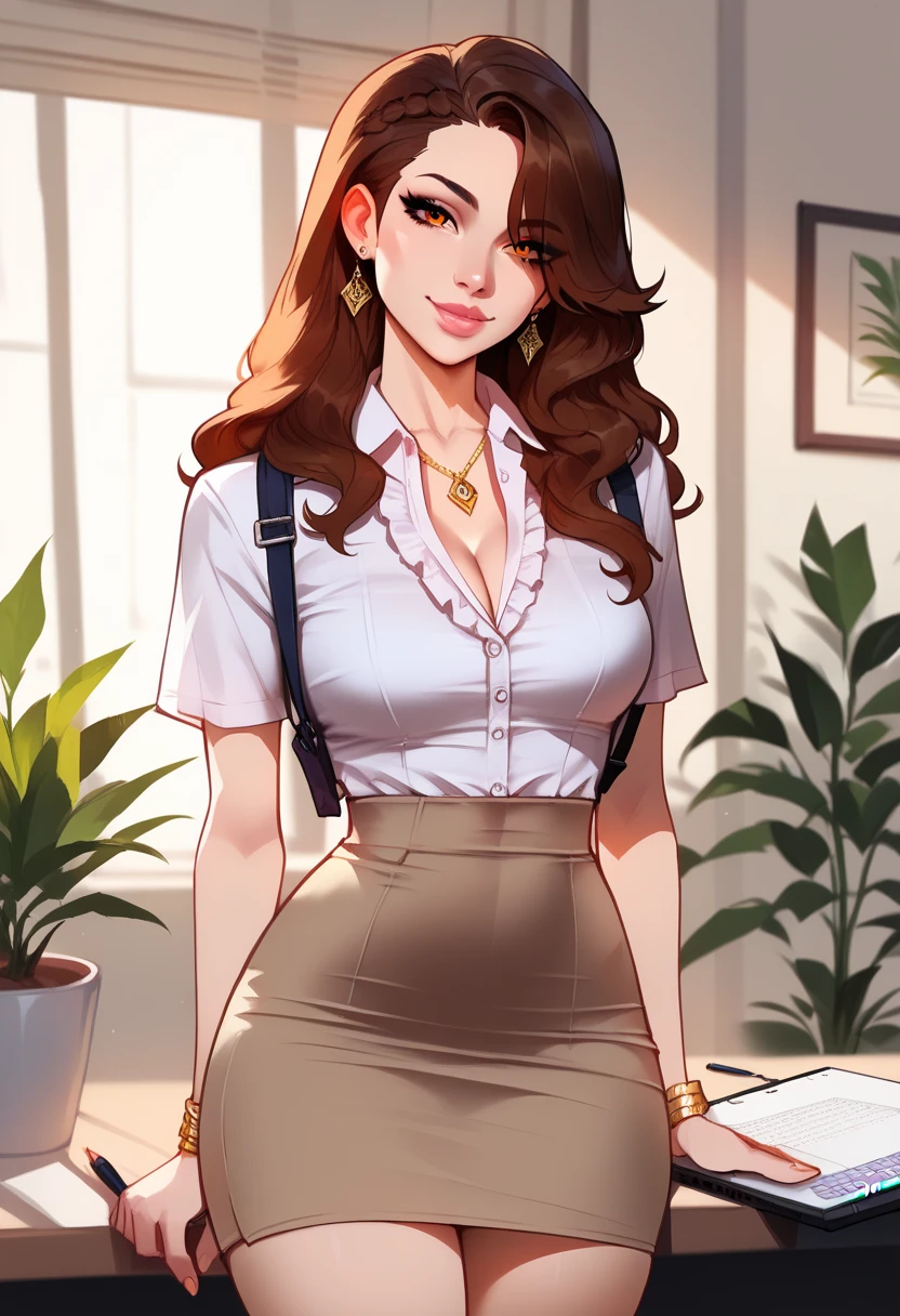 1 girl, alone, brown hair, orange eyes , thick lips, long hair, collared shirt, short sleeves, frills on shirt, Holding a closed laptop , buckle, hourglass figure, Willow Yao, indoors, faint smile, permanent, split, pencil skirt, Detailed face and eyes, Raise your legs high, asymmetrical bangs, earrings, Actual, Drow DND, head tilt, Lovely, Lovely pose, jewelry, bracelet, necklace, center, female office worker, open shot, Detailed background, medium,