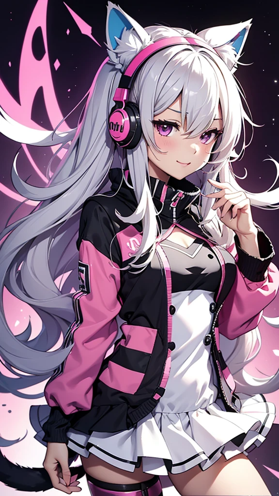 Full body description:1.3, An Once in a Thousand Year Masterpiece  ,  Pictures You'll Never Get Again ,  Mysterious High Resolution ,  The Most Beautiful Alice Nicke in the World, Ultra-high definition eyes, Laugh playfully, The moon is beautiful BREAK alicedef,  twin tails,  Very Long Hair , Grey Hair,  fake animal ears ,  headset , Pink Eye,  pink bodysuit, \(Clothing\), Multicolored gloves,  anime girl wearing a pink sweater and cat ears on her head,  anime picture by Yuya ,  pixib,  Furry Art , anime  girl with cat ears ,  girl with cat ears ,  and tropical fruits  ,  cute realistic portrait , beautiful Anime cat girl, cute Anime cat girl, Anime cat girl, ,  digital anime illustration ,  Realistic Anime Art Style 、 long legs 描写、、Cosplayer、２０Age、 glamorous、 frill miniskirt、 cardigan、 Smile 、 long legs 、The heroine of an animated film、main character、fine、（Constricted waist：1.3) Black and White Print Dress、、 open her mouth :1.2,  sneakers、 sneakers、 stockings、（Jitome 17 ）
