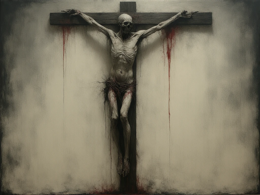 A futuristic war-torn landscape, a figure resembling Jesus with glowing eyes, blood and destruction in the background, (best quality,4k,8k,highres,masterpiece:1.2),ultra-detailed,(realistic,photorealistic,photo-realistic:1.37),digital painting,cinematic lighting,dramatic chiaroscuro,apocalyptic,dystopian,sci-fi,hyperrealism,muted color palette,gritty,intense atmosphere