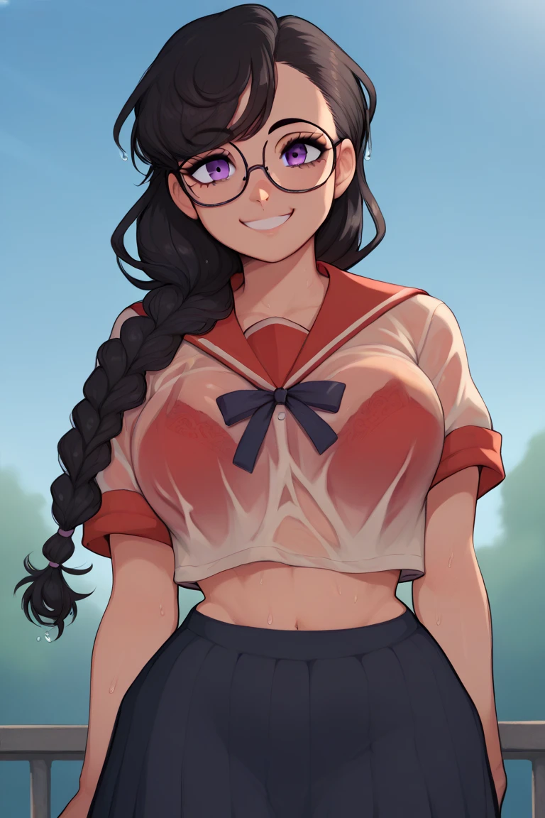 (1girl), (black hair:1.1), (braid:1.1), (glasses), (purple eyes), (smile), (breast), (Intricate Iris Details), (stomach), (outdoor), (looking at viewer), (visible through clothes), (Wet clothes), (red bra), (School uniform)