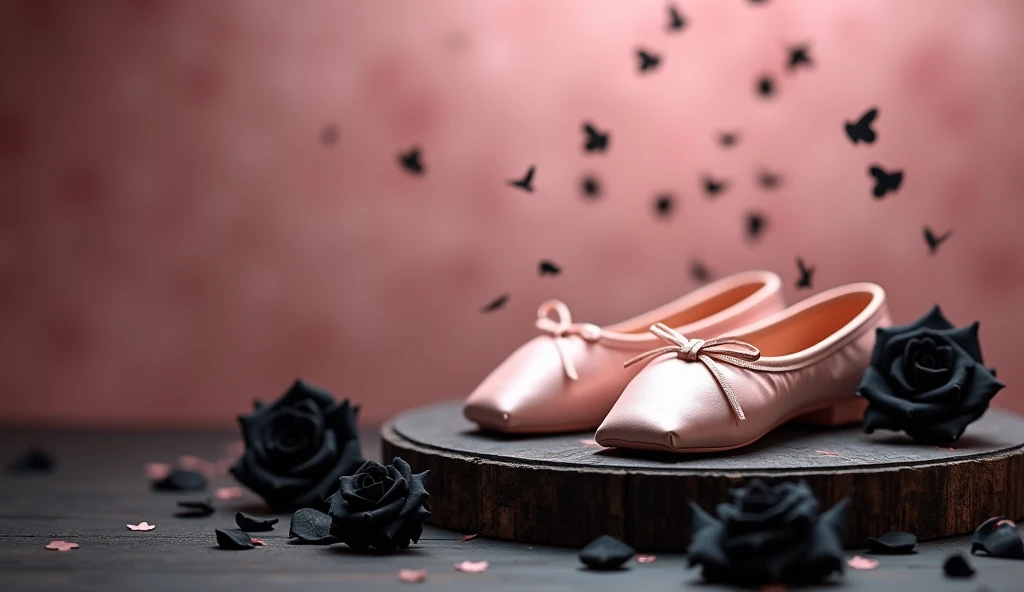 Banner graph；poster；There is a pair of small ballet shoes in the corner of the picture，Wrapped in a pink ribbon；Ribbons fill the screen；dream，mystery；Big scene；Golden pink hue。Low saturation；Background pure，Simplicity。Large blank space in the center。