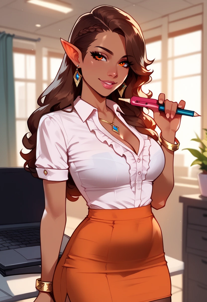 1 girl, alone, brown hair, orange eyes , thick lips, long hair, collared shirt, short sleeves, frills on shirt, Holding a closed laptop , buckle, hourglass figure, Willow Yao, indoors, faint smile, permanent, split, pencil skirt, Detailed face and eyes, Raise your legs high, asymmetrical bangs, earrings, Actual, Drow DND, fantasy, dark elf, head tilt, Lovely, Lovely pose, jewelry, bracelet, necklace, center, female office worker, open shot, Detailed background, medium,