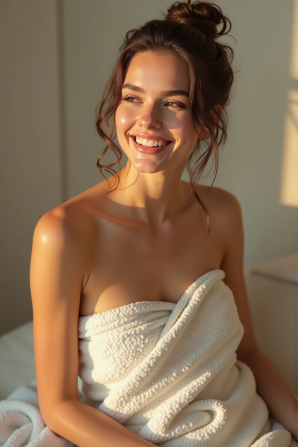A close-up of a female figure in a bathroom, freshly out of the shower, delicately wrapped in a large, fluffy white towel. The towel is draped softly around her body, capturing the smooth contours of her fair skin, which is still slightly dewy from the steam. The focus is on the upper body, emphasizing the natural curves and the delicate way the towel clings to her form. Her skin is depicted with subtle, natural imperfections like faint freckles, gentle texture variations, and a soft blush of warmth from the hot water.The close-up highlights the soft, diffused natural light streaming through a frosted window, casting a warm, ambient glow over the scene. This light creates gentle shadows that emphasize the contours of her shoulders, neck, and upper back, adding depth and realism. The background, slightly blurred to keep the focus on the figure, includes elements like the edge of a mirror fogged up by the steam and the soft folds of a hanging bathrobe.The scene captures the intimate moment of stepping out of the shower, with a balance between sensuality and tranquility. The attention to detail, such as the texture of the towel, the soft gleam of moisture on her skin, and the gentle interplay of light and shadow, creates a harmonious and realistic image. The contrast and sharpness are managed to avoid overly perfect or artificial textures, enhancing the authenticity and visual appeal.
