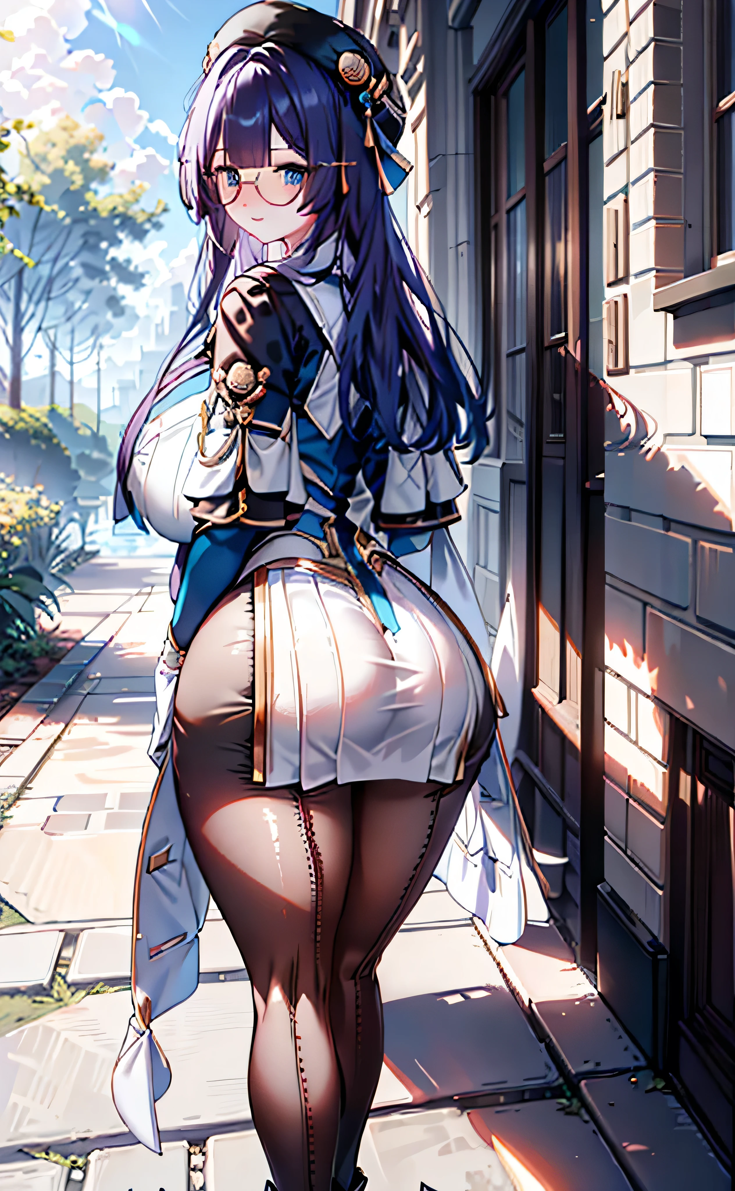 
[PelaV4 ], ((masterpiece)), ((HD)), (( high definition )), ((solo portrait)), ((Back view)), (( Bottom view)), ((ass focus)), (( beautiful render graphics)), ((anime)), (( detailed shading )), {; (cute blue eyes, short eyelashes,  long hair, ((( gigantic ass ))), (nice legs), (очень  gigantic ass ), (blushing), (cute smile)}, {( knight uniform ), ( short white dress), ( Transparent tights ), ( round glasses on face )}, {( duration ), ( look back at viewer )}, [background; (yard), (sunrise), ( sun rays), ( ambient lighting )]