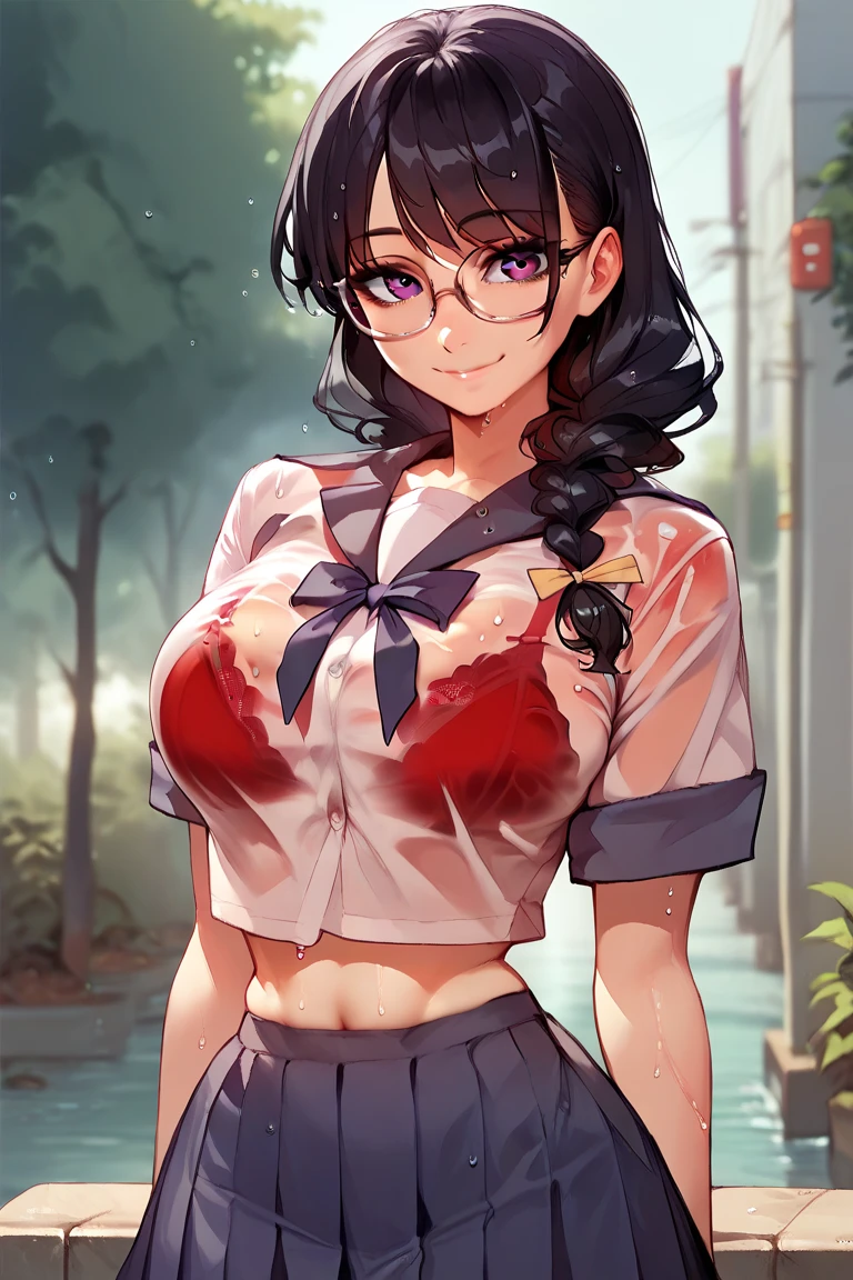 (1girl), (black hair:1.1), (braid:1.1), (glasses), (purple eyes), (smile), (breast), (Intricate Iris Details), (stomach), (outdoor), (looking at viewer), (visible through clothes), (Wet clothes), (red bra), (School uniform)