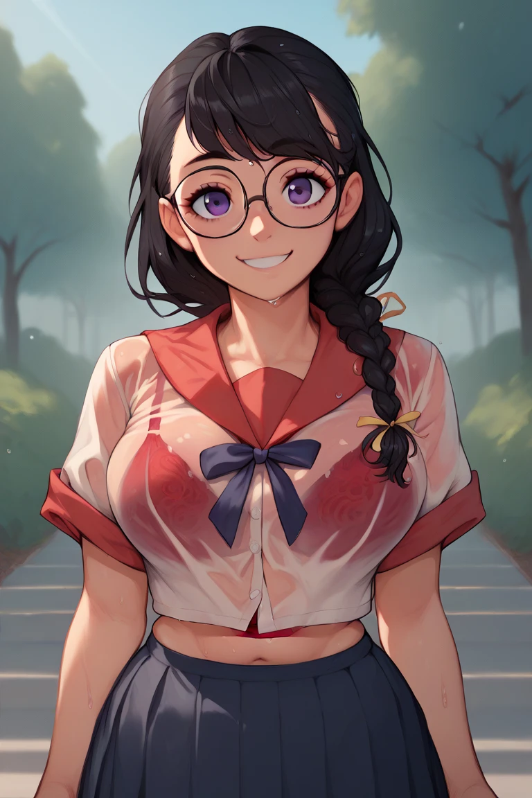 (1girl), (black hair:1.1), (braid:1.1), (glasses), (purple eyes), (smile), (breast), (Intricate Iris Details), (stomach), (outdoor), (looking at viewer), (visible through clothes), (Wet clothes), (red bra), (School uniform)