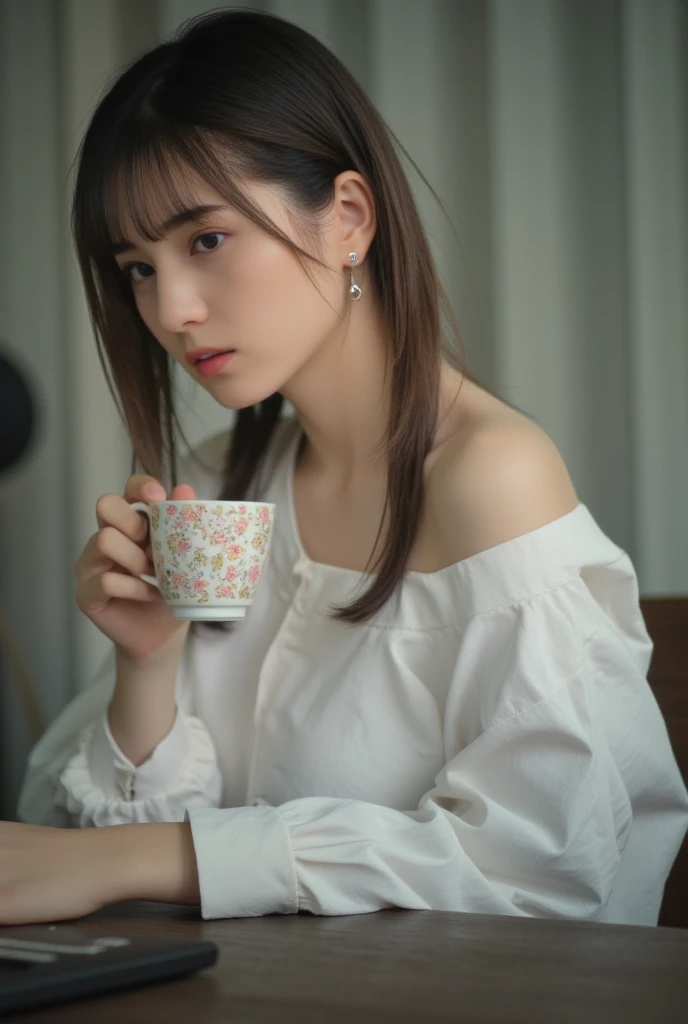  1 girl , solo,  high definition ,  looks back ,  while drinking coffee {x} super fine naked and tall, super slender Japanese beauty、 split bangs , ( large 、 white Y shirt:1.2),(( buttons on a white Y-shirt 、Open))、 coffee with a delicate pattern 、 sitting on a chair 