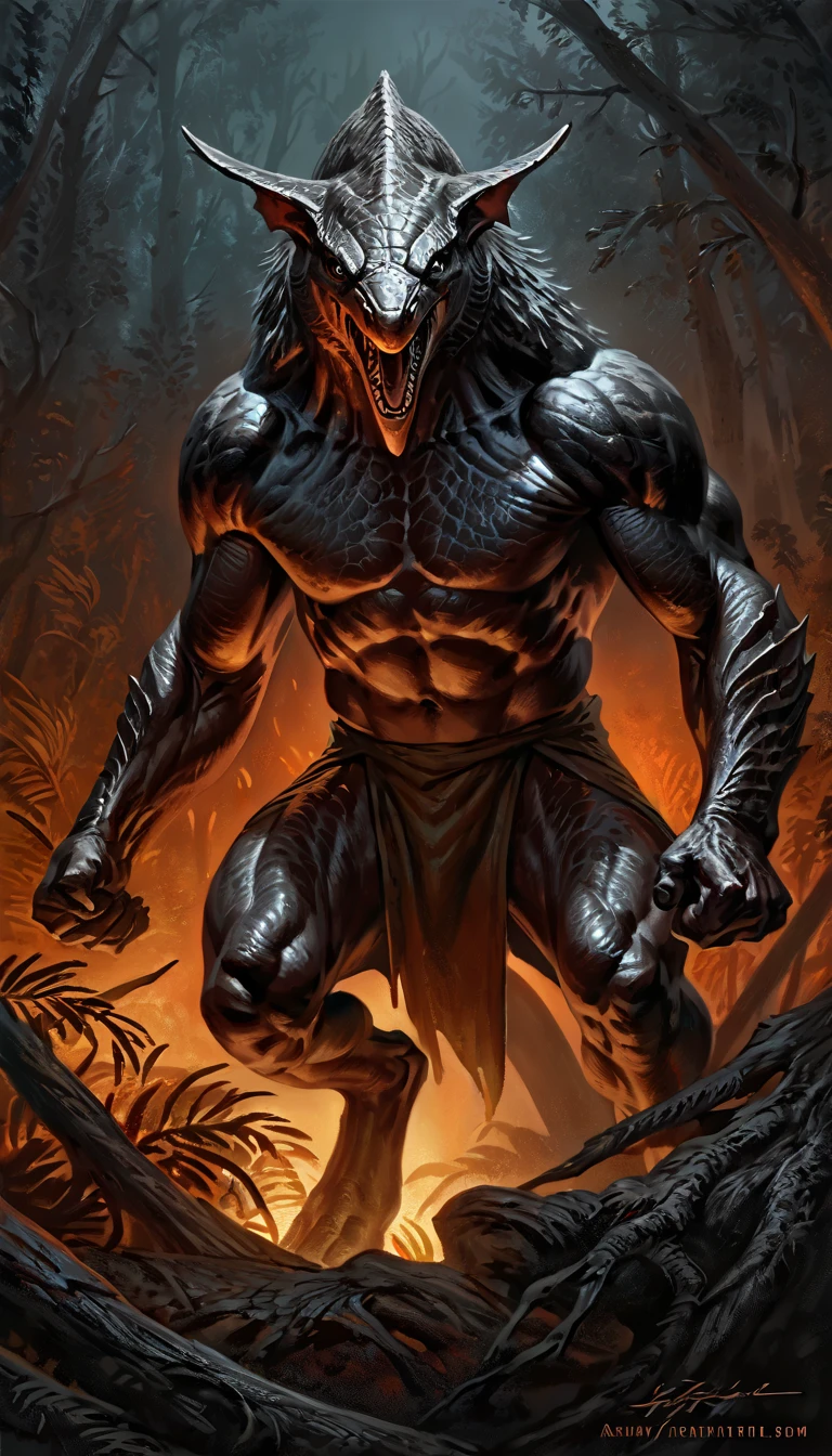 shark man, ready to fight, black body, open mouth, dark forest background, threatening, stands menacingly, full body, raptor like legs, proporcional muscular arms, muscular, illustration, (best quality, 4k, highres, masterpiece:1.2), ultra-detailed, realistic, horror, sharp focus, vivid colors, nighttime lighting, by laobai, by taran fiddler, 