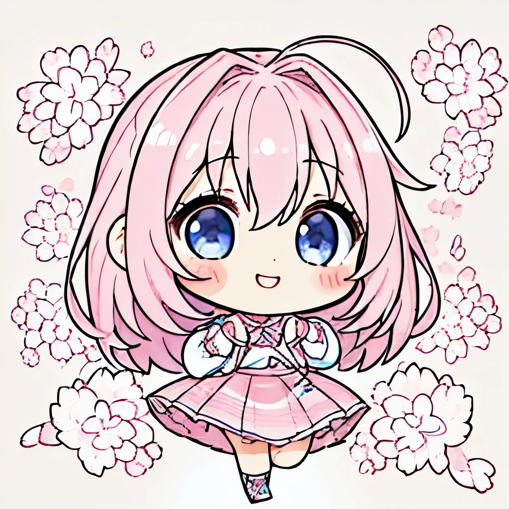 top quality、 high definition 、 detailed background、 beautiful face down to the smallest detail、 anatomically accurate 、detailed expression、Detailed、((whole body、 chest hanging from behind :1.5、 back shot 、 facing the side))、break(( one girl:1.2)、(Chibi Girl:1.2))、Cute hair colors、 big beautiful blue eyes 、 plump lips 、 pink lips、(Cute clothes、 cute skirt、 cute sneakers )、break(( place your hands in front of your chest :1.2))、( happy expression:1.2、 big smile :1.2)、sweat、break( the background is pure white、Hana Arashi、((Sakura on the ground )))