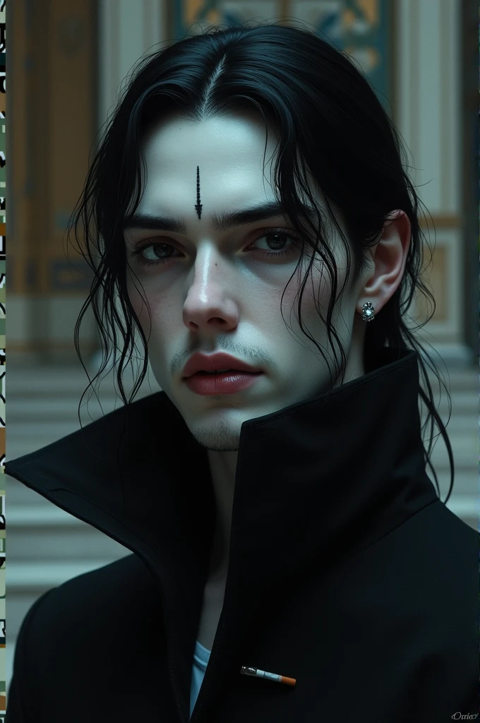 Pale man with long black curly hair completely naked
