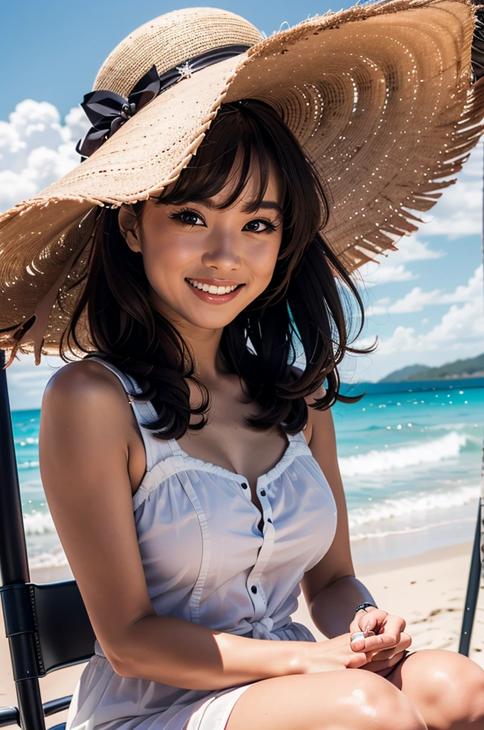 masterpiece,best quality,(Japanese ),((Beautiful girl)),cleavage,(perfect body beauty:1.2),(shy smile),beautiful teeth,(straw hat),(seaside),