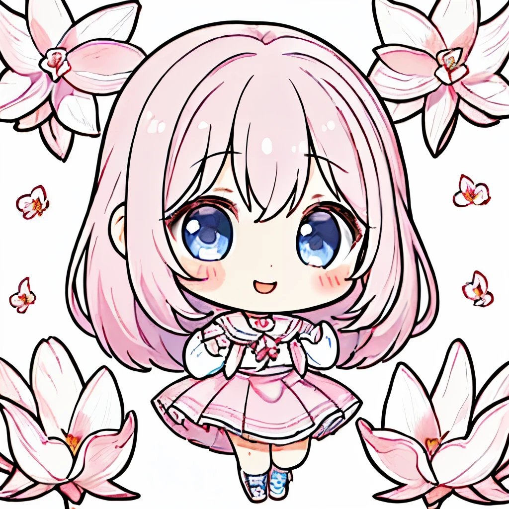 top quality、 high definition 、 detailed background、 beautiful face down to the smallest detail、 anatomically accurate 、detailed expression、Detailed、((whole body、 chest hanging from behind :1.5、 back shot 、 facing the side))、break(( one girl:1.2)、(Chibi Girl:1.2))、Cute hair colors、 big beautiful blue eyes 、 plump lips 、 pink lips、(Cute clothes、 cute skirt、 cute sneakers )、break(( place your hands in front of your chest :1.2))、( happy expression:1.2、 big smile :1.2)、sweat、break( the background is pure white、Hana Arashi、((Magnolia on the ground )))