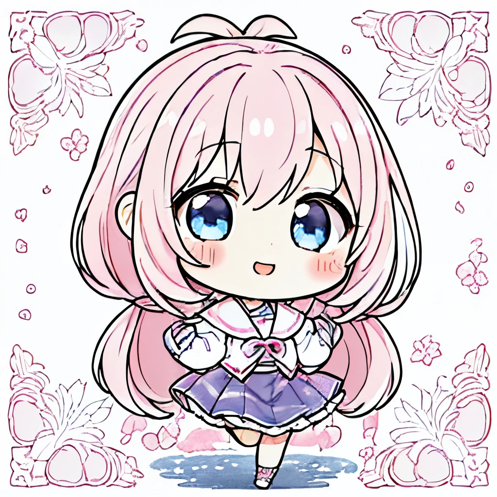top quality、 high definition 、 detailed background、 beautiful face down to the smallest detail、 anatomically accurate 、detailed expression、Detailed、((whole body、 chest hanging from behind :1.5、 back shot 、 facing the side))、break(( one girl:1.2)、(Chibi Girl:1.2))、Cute hair colors、 big beautiful blue eyes 、 plump lips 、 pink lips、(Cute clothes、 cute skirt、 cute sneakers )、break(( place your hands in front of your chest :1.2))、( happy expression:1.2、 big smile :1.2)、sweat、break( the background is pure white、Hana Arashi、((Sasanqua on the ground)))