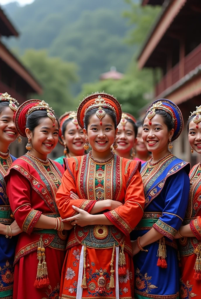 several women in traditional thai clothing are standing together, sukhothai costume, wearing authentic attire, wearing traditional garb, laos, ethnic group, traditional tai costume, traditional clothes, traditional costume, traditional dress, diverse costumes, traditional clothing, south east asian with long, in style of thawan duchanee, festival of rich colors, wearing ornate clothing