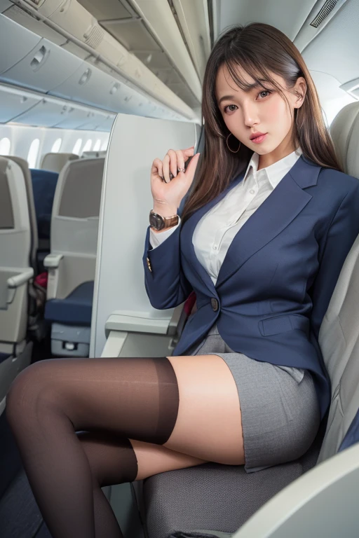 Sexy woman in stewardess uniform、ukranian、Ukrainian goddess、jaw-dropping beauty、Wearing surreal pantyhose、Sit cross-legged on the plane........、A Smile、high-heel、gaming_NFFSW (english) (english) (english) (english) (english) (english) (english) (english) (english), masutepiece, Best Quality, Photorealcitic, Raw foto、8K, high resolucion, Detailed skins, 8K UHD, Digital SLRs, Soft lighting, High Quality, film grain, FUJIFILM XT3, Realistic Skin Textures、shinny skin、exposed thighs!!!