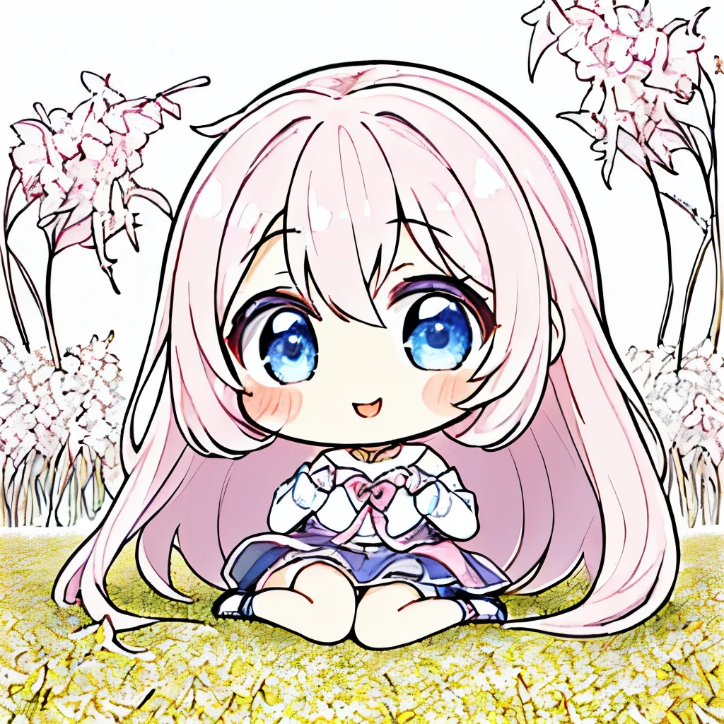 top quality、 high definition 、 detailed background、 beautiful face down to the smallest detail、 anatomically accurate 、detailed expression、Detailed、((whole body、 chest hanging from behind :1.5、 back shot 、 facing the side))、break(( one girl:1.2)、(Chibi Girl:1.2))、Cute hair colors、 big beautiful blue eyes 、 plump lips 、 pink lips、(Cute clothes、 cute skirt、 cute sneakers )、break(( place your hands in front of your chest :1.2))、( happy expression:1.2、 big smile :1.2)、sweat、break( the background is pure white、Hana Arashi、((Forsythia on the ground)))