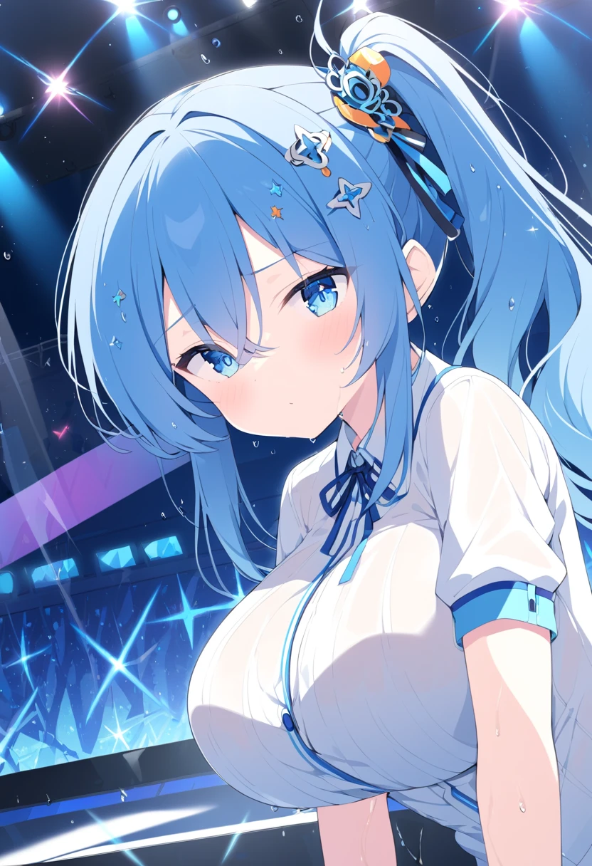 Orivetica,  blue hair,   Side Ponytail , Hair ties,  hair ornament ,  hair between eyes ,  long hair,  blue eyes,,  Big Breasts ,, Live Stage, Alone　 wet