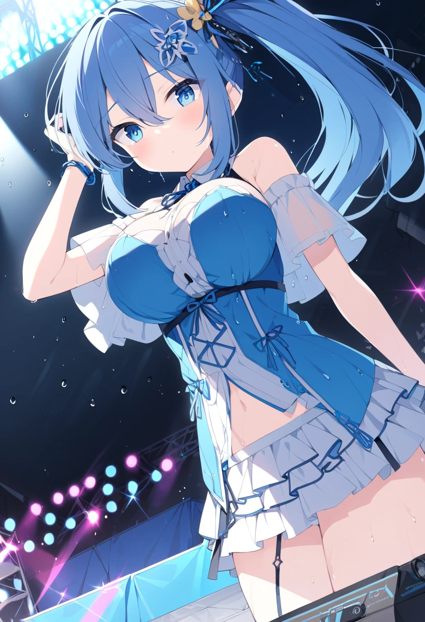 Orivetica,  blue hair,   Side Ponytail , Hair ties,  hair ornament ,  hair between eyes ,  long hair,  blue eyes,,  Big Breasts ,, Live Stage, Alone　 wet