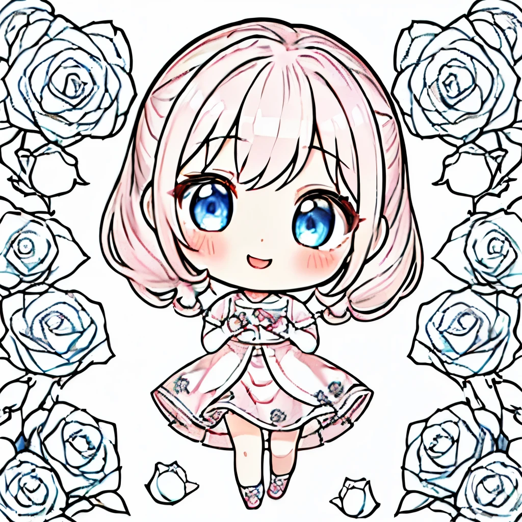 top quality、 high definition 、 detailed background、 beautiful face down to the smallest detail、 anatomically accurate 、detailed expression、Detailed、((whole body、 chest hanging from behind :1.5、 back shot 、 facing the side))、break(( one girl:1.2)、(Chibi Girl:1.2))、Cute hair colors、 big beautiful blue eyes 、 plump lips 、 pink lips、(Cute clothes、 cute skirt、 cute sneakers )、break(( place your hands in front of your chest :1.2))、( happy expression:1.2、 big smile :1.2)、sweat、break( the background is pure white、Hana Arashi、((White roses on the ground)))