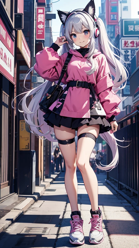 Full body description:1.3, An Once in a Thousand Year Masterpiece  ,  Pictures You'll Never Get Again ,  Mysterious High Resolution ,  The Most Beautiful Alice Nicke in the World, Ultra-high definition eyes, Laugh playfully, The moon is beautiful BREAK alicedef,  twin tails,  Very Long Hair , Grey Hair,  fake animal ears ,  headset , Pink Eye,  pink bodysuit, \(Clothing\), Multicolored gloves,  anime girl in pink sweater with cat ears on head,  anime picture by Yuya ,  pixib,  Furry Art , anime  girl with cat ears ,  girl with cat ears ,  and tropical fruits  ,  cute realistic portrait , beautiful Anime cat girl, cute Anime cat girl, Anime cat girl, ,  digital anime illustration ,  Realistic Anime Art Style 、 long legs 描写、、Cosplayer、２０Age、 glamorous、 frill miniskirt、 cardigan、 Smile 、 long legs 、The heroine of an animated film、main character、fine、（Constricted waist：1.3) Black and White Print Dress、、 open her mouth :1.2,  sneakers、 sneakers、 stockings、（moreExpressions:0.9）
