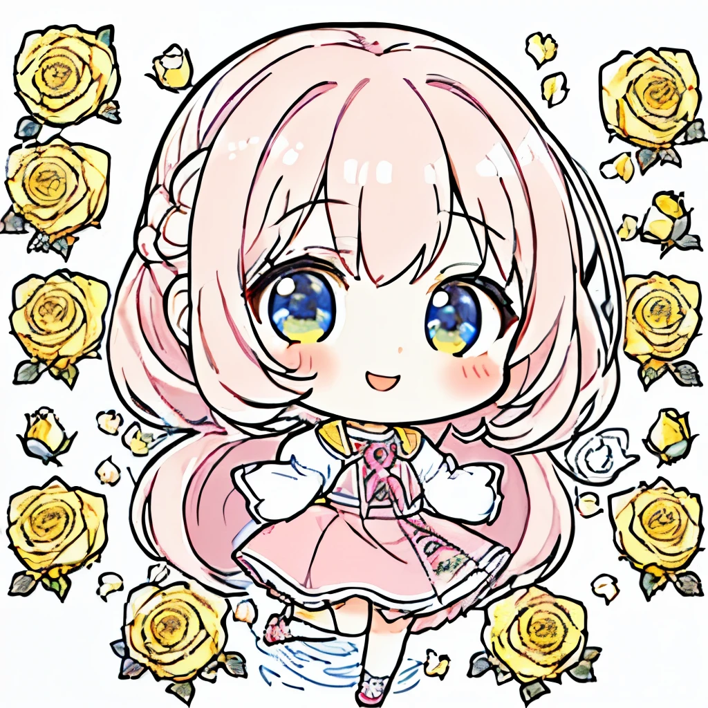 top quality、 high definition 、 detailed background、 beautiful face down to the smallest detail、 anatomically accurate 、detailed expression、Detailed、((whole body、 chest hanging from behind :1.5、 back shot 、 facing the side))、break(( one girl:1.2)、(Chibi Girl:1.2))、Cute hair colors、 big beautiful blue eyes 、 plump lips 、 pink lips、(Cute clothes、 cute skirt、 cute sneakers )、break(( place your hands in front of your chest :1.2))、( happy expression:1.2、 big smile :1.2)、sweat、break( the background is pure white、Hana Arashi、((Yellow roses on the ground)))