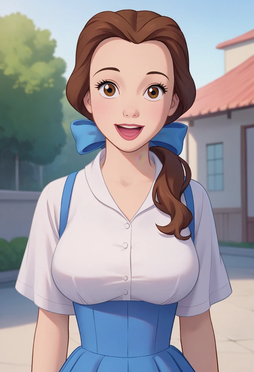 PonyXLV6_Scores ,source_anime, masterpiece,best quality, highly detailed,cinematic,
BREAK
 belle,1girl, solo, brown hair, shirt,brown eyes,  smile, white shirt, looking at viewer, half body, outdoors, bow, ponytail, open mouth, long hair, hair bow, blue dress, blue bow, dress,parody,large breasts,