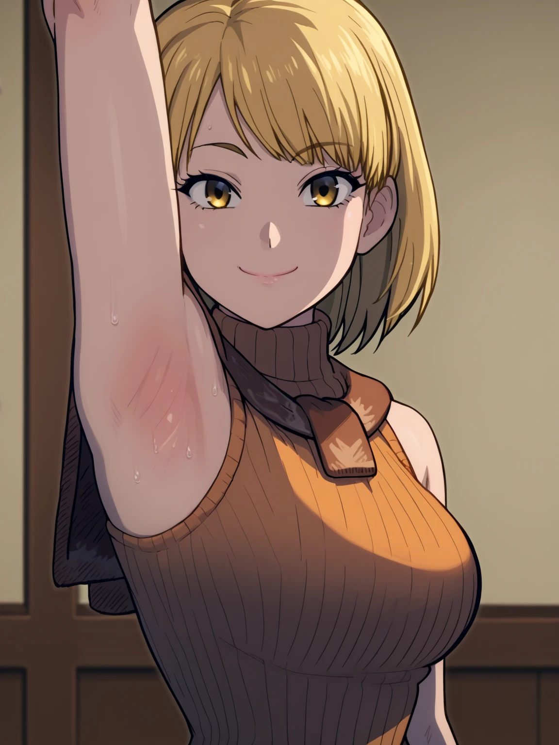 score_9, score_8_up, score_7_up, source_anime, anime screencap, 1girl, solo, Ashley graham, yellow eyes, blonde hair, orange sweater, sleeveless sweater, turtleneck sweater, ribbed sweater, arm up, raised arm, armpit, from side, looking at viewer, head towards viewer, smile, closed mouth, badhandv4, indoors , detailed armpits, sweaty armpits