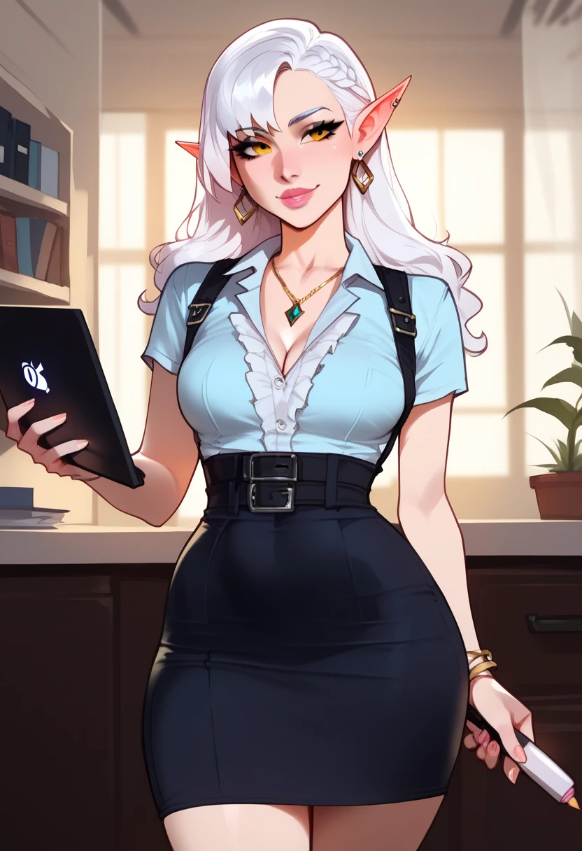 1 girl, alone, white hair, Drow (DND) orange eyes , thick lips, long hair, collared shirt, short sleeves, frills on shirt, Holding a closed laptop , buckle, hourglass figure, indoors, faint smile, permanent, split, pencil skirt, Detailed face and eyes, Raise your legs high, asymmetrical bangs, earrings, Actual, Blue elf fantasy, head tilt, Lovely, Lovely pose, jewelry, bracelet, necklace, center, female office worker, open shot, Detailed background, medium,