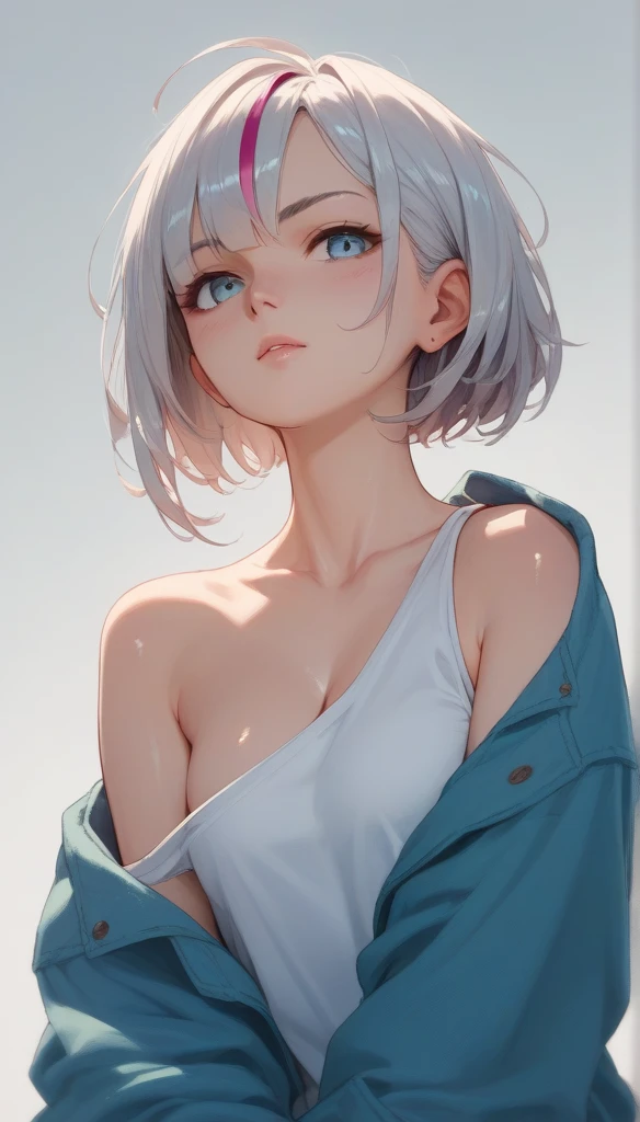 (Image from chest up:1.4)((masterpiece:1.5,Highest quality,Beautiful images、2.5D、Abstract、Artistic、Portraiture))(One girl, solo)(medium breasts, Gray Hair、short hair、Beautiful breasts、Expose your shoulders)(profile、Look at an angle、shake your head、Sad look, Floating Hair)(Plain background:1.5)((from side:1.5)),See-through gown