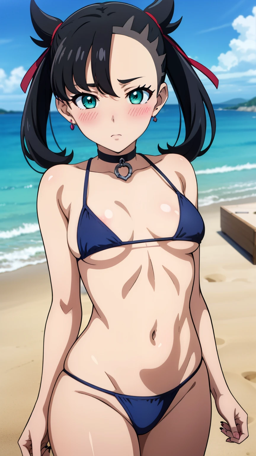 Marnie Pokemon, Marnie \(Pokemon\), blue-green eyes, green eyes, black hair, medium hair, asymmetrical bangs, black choker, red hair ribbon, earrings, black nail polish, small breasted, (masterpiece, highest quality, highly detailed, 8k:1.2), Perfect eyes, detailed eyes, 
Ecchi anime style, anime girl, Ecchi style, digital anime art, anime style, official artwork, visual novel CG, beautiful anime girl, anime style 4K, (bikini, beach, blue sky, blush),