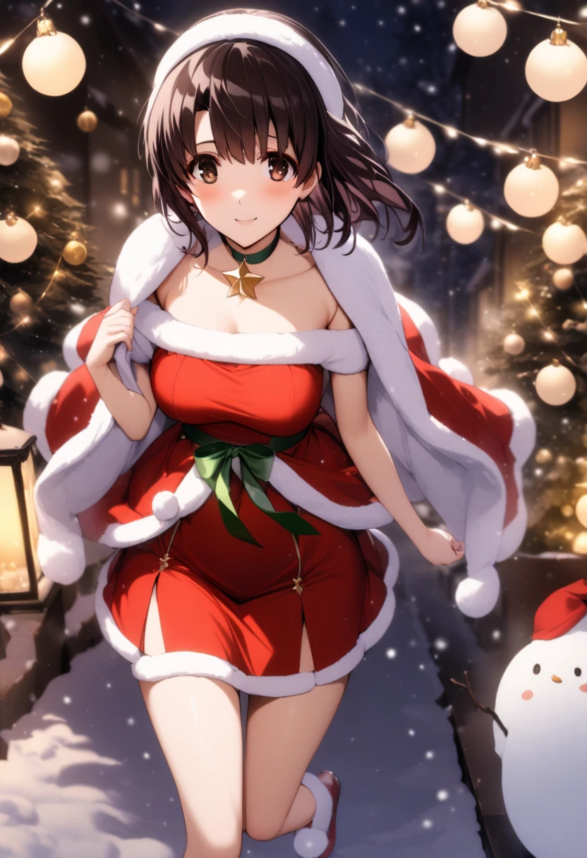 1girl, Megumi Katou, short length black hair,wearing a festive Christmas off-shoulder short dress,enhance graceful curvy figure, and fluffy white fur draped over her shoulders, a red and green Christmas choker tied gracefully around her neck. She is stepping joyfully through a softly falling snow scene, her steps light and carefree, surrounded by sparkling fairy lights and Christmas decorations. The snow reflects the warm glow of nearby streetlights and holiday ornaments, creating a magical winter atmosphere. Her gentle smile radiates warmth, contrasting beautiful ly with the crisp, snowy night,masterpiece, best quality, absurdres.
