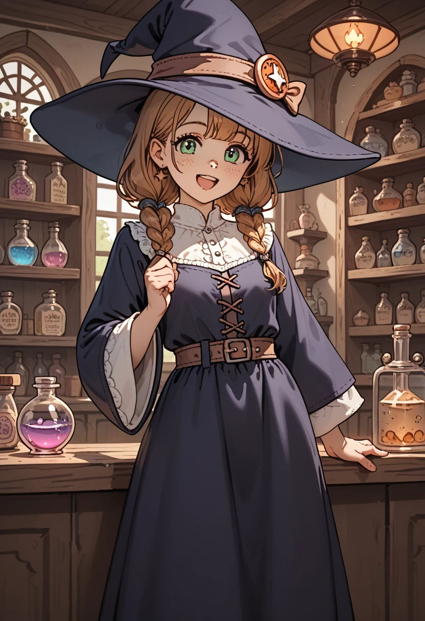 clean line art, no color, cute teenage anime girl, standing, witch hat, long simple dress robe, witch, no color,  inside a potion shop, happy, cute, medieval