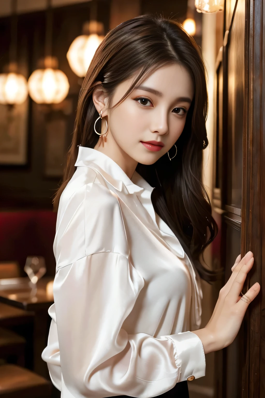 ((beautiful girl:1.3)) ((white long sleeve button up blouse_with collar_Delete up to the second button_茶色のプリーツmini skirt:1.3)), (((smile:1.2)) ((big breasts:1.2)) () ((close:1.3)) highest quality,masterpiece,ultra high resolution,(realistic:1.4),Raw photo,(real skin texture:1.3),(film grain:1.3),panorama,character portrait,very wide shot,tight waist,cowboy shot,(in the dark, deep shadow, private key, cold light,) night,(()),flowing tears,,dust,Tyndall effect,(performance),,Beautifully detailed eyes and face,white jabot,brown eyes,((brown hair:1.2)) ((full body:1.3))(long straight hair_Hair reaching down to the waist:1.3))((shy smile:1.3)),((gold necklace_Larger earrings:1.2)),((sit in a chair, night view terrace background:1.3)),mini skirt、legs are tightly closed