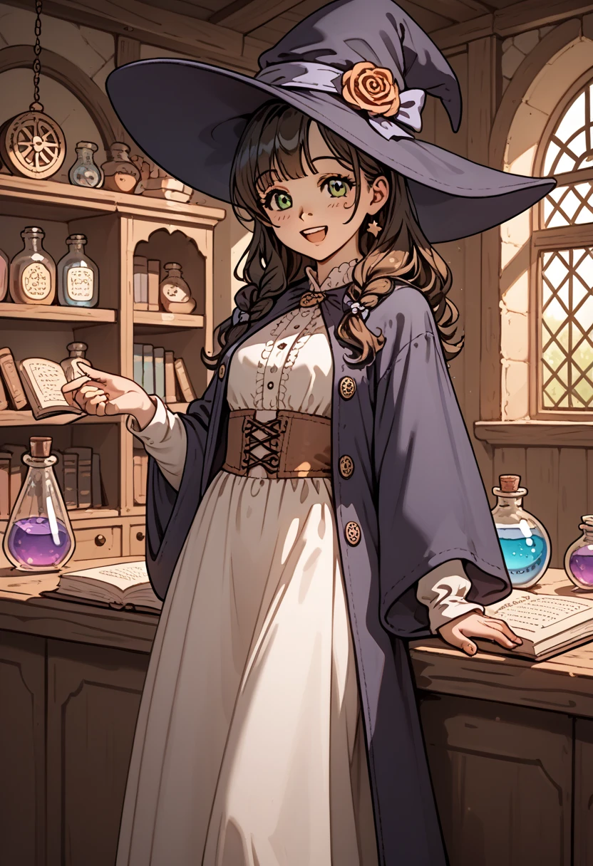 clean line art, no color, coloring book page, only line art, cute teenage anime girl, standing, witch hat, long simple dress robe, witch, no color,  inside a potion shop, happy, cute, medieval